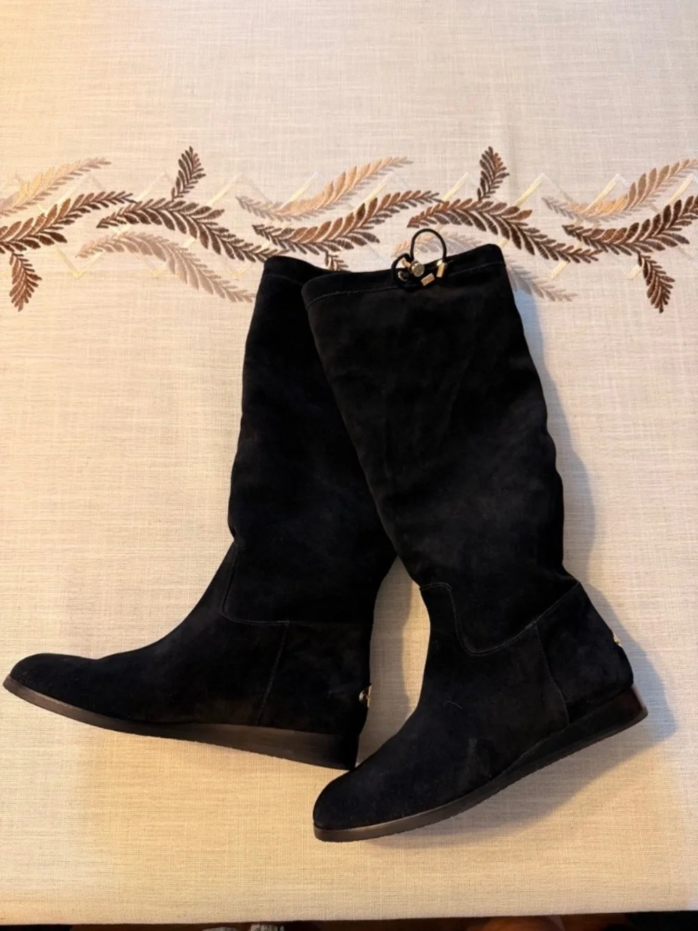 Michael Kors Black Suede Knee High Boots Gold Logo Size 7M